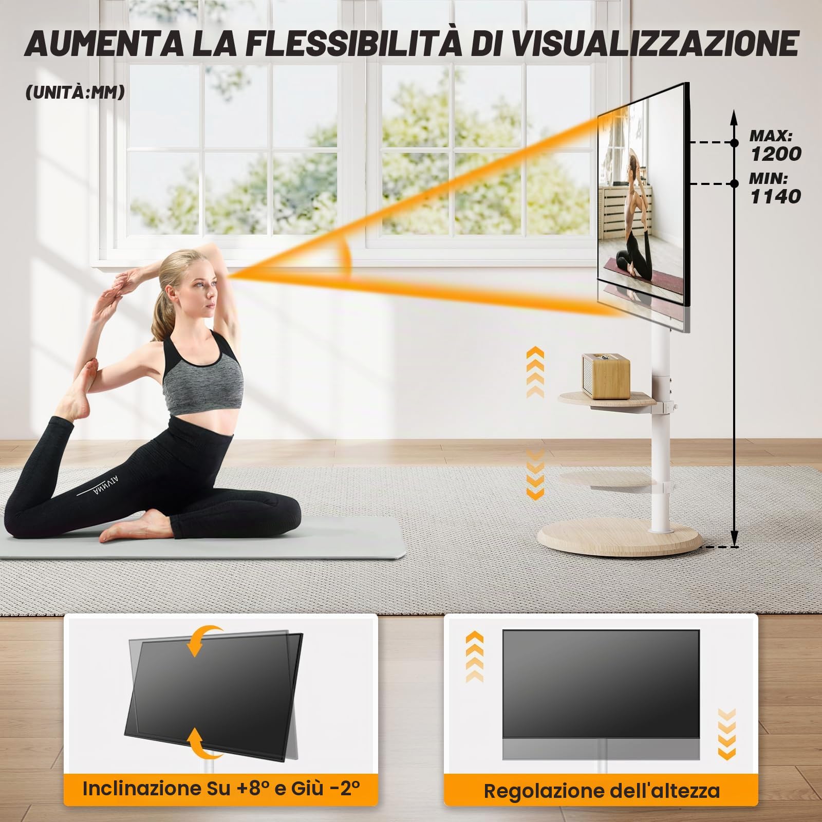 RFIVER Supporto TV da Pavimento Mobile per 32-65 Pollici, Carrello TV con Base Rotonda in Legno e Ruote Nascoste, Altezza e Inclinazione Regolabili, Fino a 40 kg, VESA Max 400x400mm