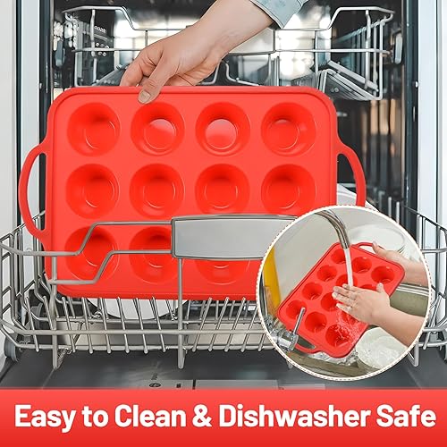 Miniatura 5 de Vinino Paquete de 1 moldes pequeños de silicona para magdalenas con marco reforzado de metal, 12 tazas de silicona fácil de liberar, bandeja de