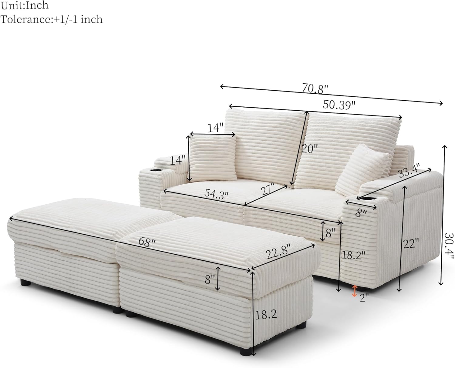 Dimensions of the Vanress Oversized Chaise Lounge Chair with Ottoman