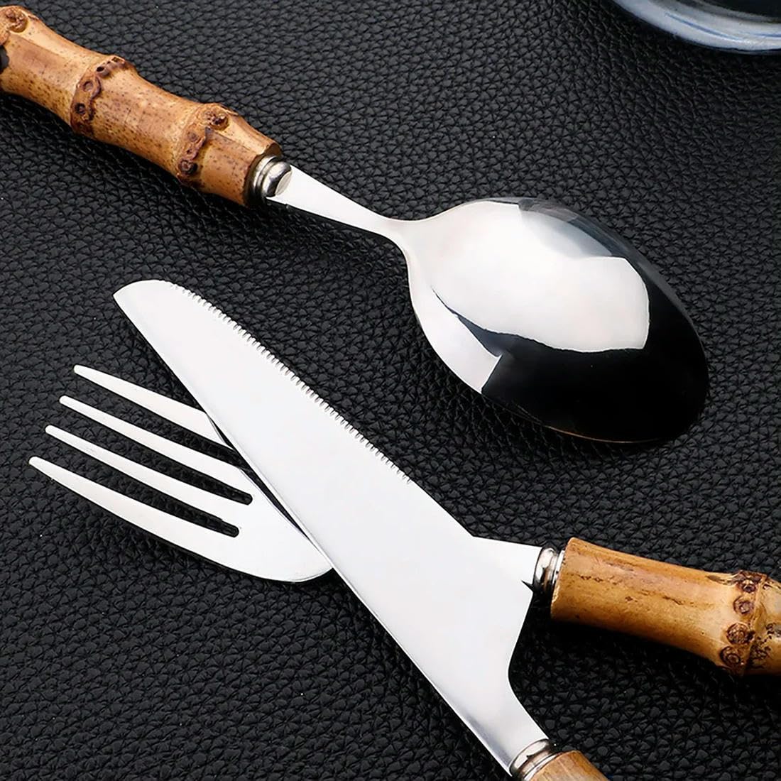 Ensemble de Couverts en Acier Inoxydable et Bambou, 24 pièces, Ensemble de Couverts avec poignée, Vaisselle, Couteau à Steak, Couverts
