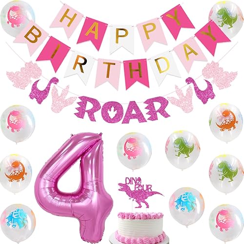 Decoraciones de fiesta de dinosaurios para niñas, globos de pie con el número 4 y dinosaurio, guirnalda rugida y decoración de cuatro pasteles de