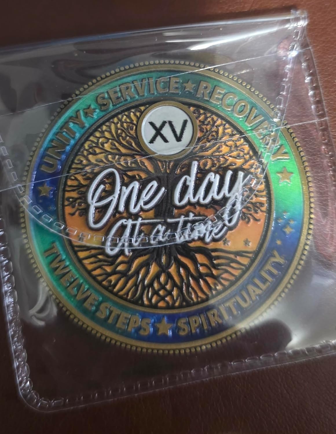 to Thine Own Self Be True AA NA Sobriety Coin, Stained Glass Design, Gold Tone, One Day at a Time Recovery Token (40)