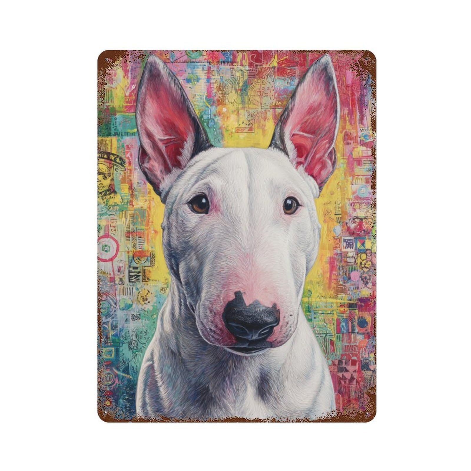 Distressed Metal Wall Sign Colorful Bull Terrier Portrait -3 15.7"x11.8", Rustic Home Decor for Farmhouse, Kitchen And Entryway Decor