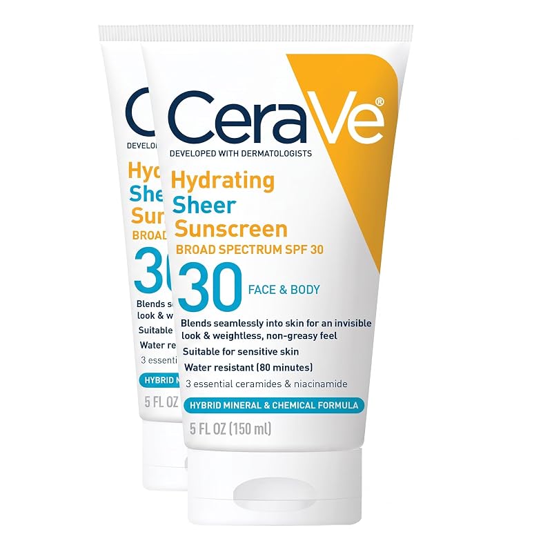 Protetor solar facial e corporal CeraVe com SPF 30, óxido de zinco, ácido hialurônico e ceramidas, sem fragrância e sem parabenos, pacote com 2