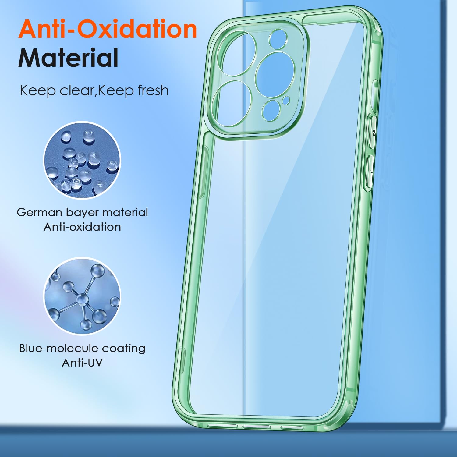 iVoler Cover Chiaro per iPhone 15 Pro Max con 2 Pezzi Pellicola Vetro Temperato, [Antiurto di Grado Militare][Protezione Fotocamera] Custodia Trasparente Sottile Anti-Ingiallimento Case - Menta Verde