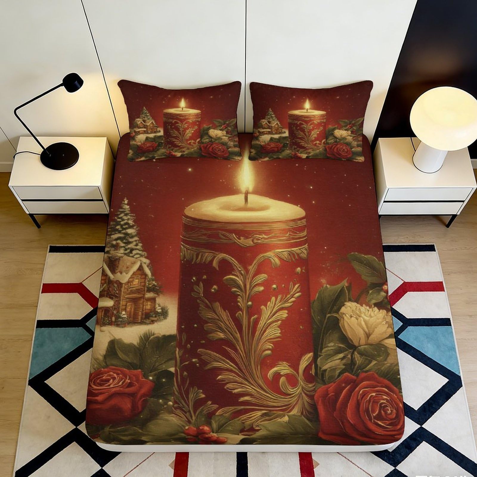 3D Printed Christmas Candle Fitted Sheet Microfiber Red Festive Bed Cover for Bedroom Guest Room Decoration 90x200x25cm