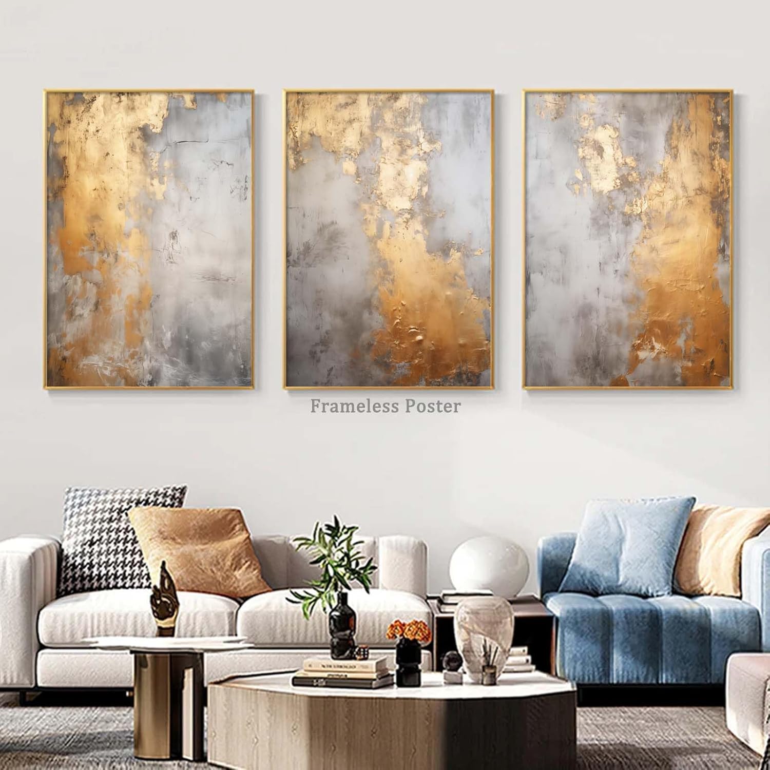 Dthllay Grey and Gold Abstract Canvas Wall Art Grey Painting Gold Foil Abstract Wall Art for Bedoom Yellow Abstract Painting for Home 16x24inch Set of 3 No Frame