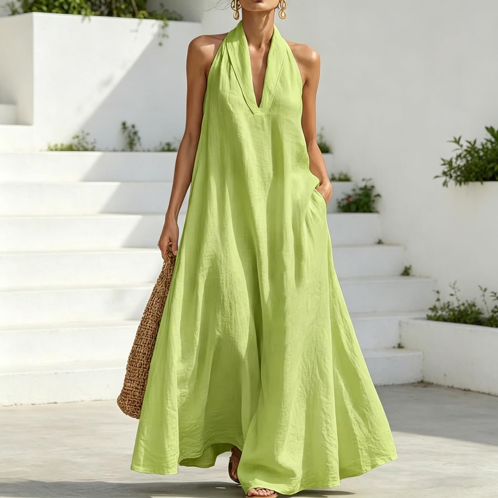 Maxi abito estivo da donna, con scollo a V, senza maniche, con risvolto e tasche, leggero e ventilato, ideale per vacanze in spiaggia, vacanze e abbigliamento casual quotidiano