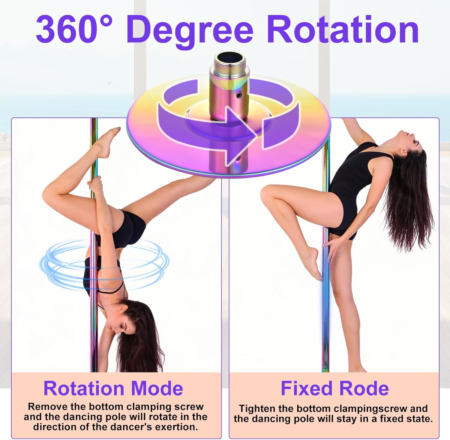 45mm Spinnings & Static Dance Pole 360° Rotation Adjustable Height 7.33-9ft Drill-Free 500lbs Capacity Floor-to-Ceiling Stability for Home Gym Beginners & Pros - Colorful