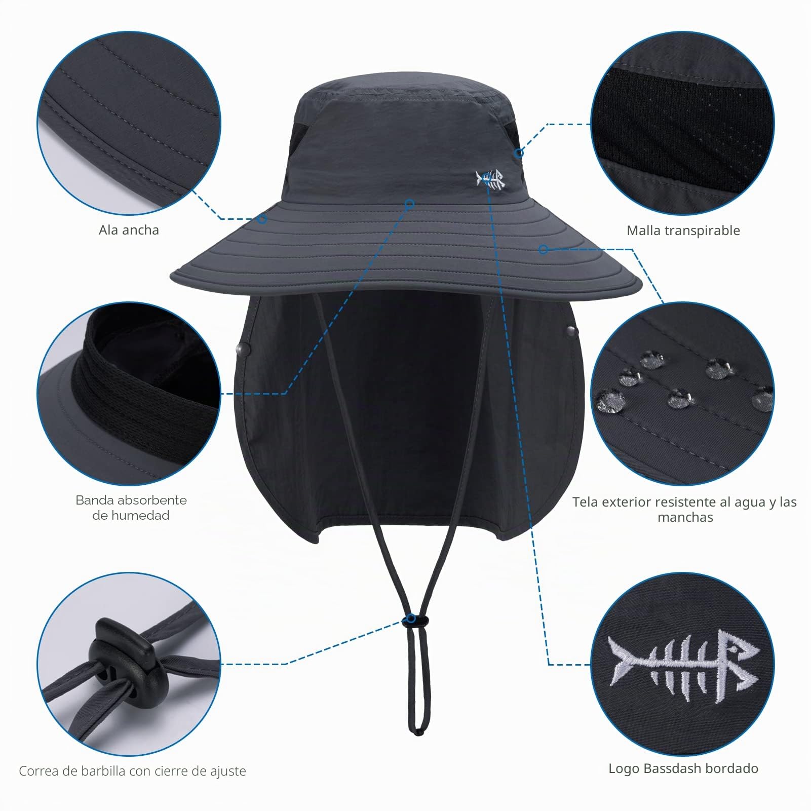 Bassdash UPF 50+ Sombrero Transpirable con Visera extraíble y Solapa para el Cuello Unisex Water Resistant Wide Brim Bucket Hat for Fishing Hiking Outdoor Men Women