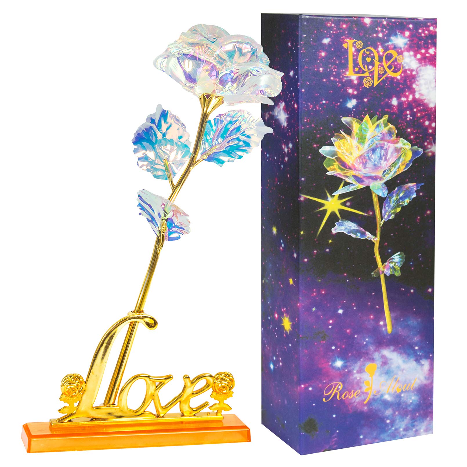 Forever Rose Flower, 24K Gold Rose with Box, Galaxy Rose Flower Gift for Mom Day Birthday Anniversary Christmas Memorial Decoration (Rainbow)