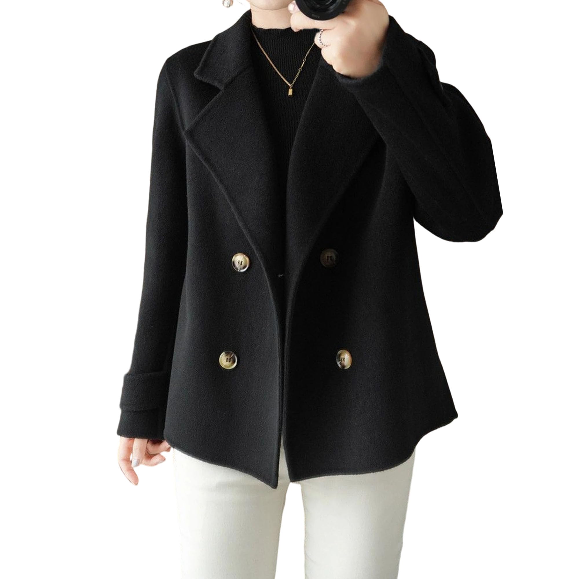 Womens Double Breasted Pea Coat Classic Trench Style Fall Winter Jacket Elegant Overcoat Outerwear