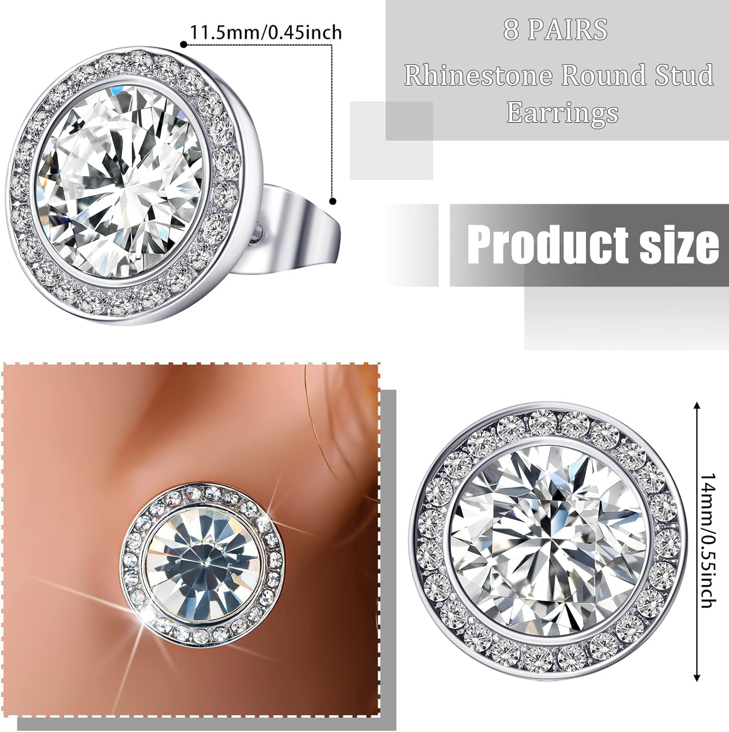 Bonuci 12 Pairs 15 mm Dance Competition Earrings Rhinestone Earring Round Silver Crystal Stud Jewelry for Performance Wedding - Image 2