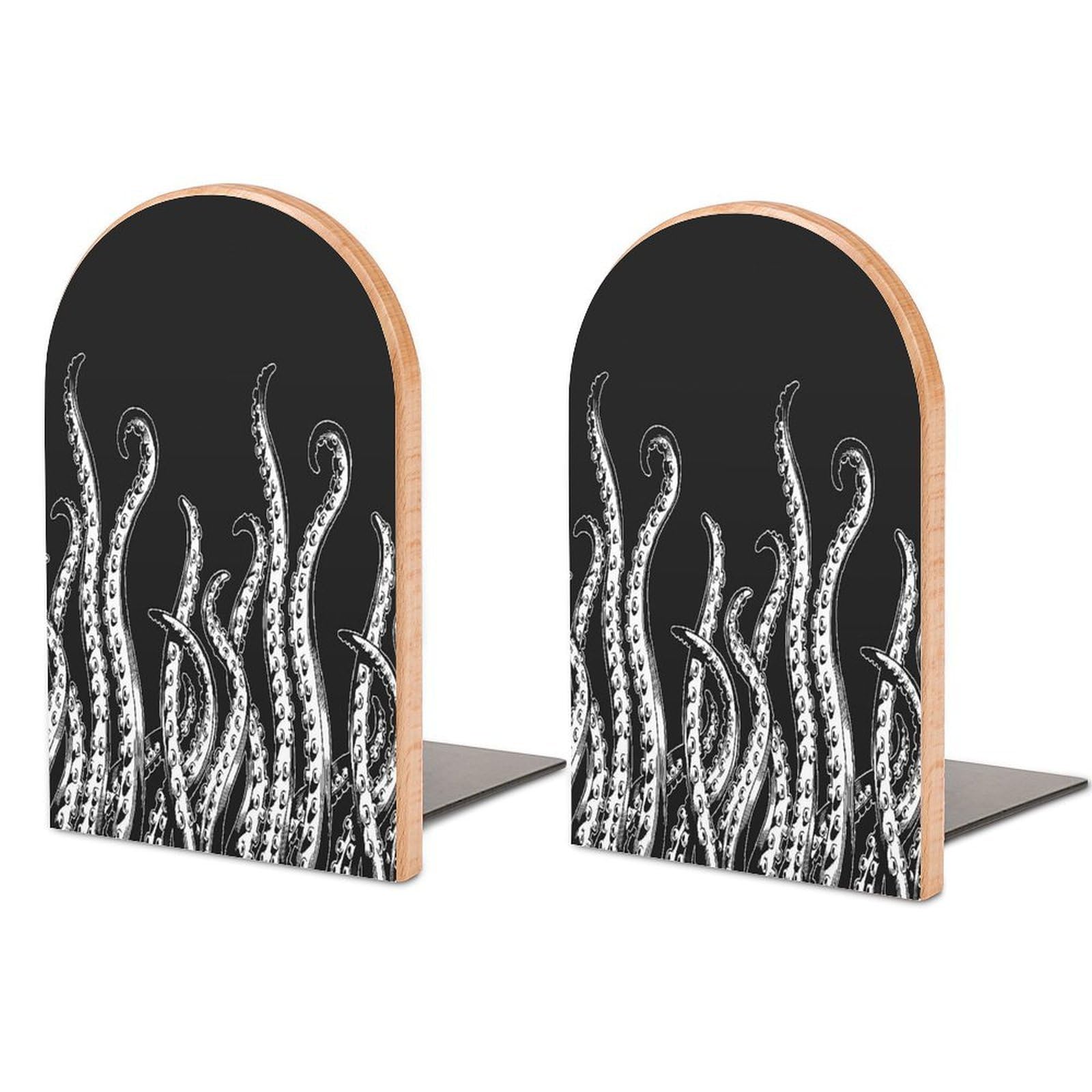 Octopus Tentacles Beech Wood Bookends Heavy Duty Book Organizers Desktop File Holder for Office Home Bookshelf