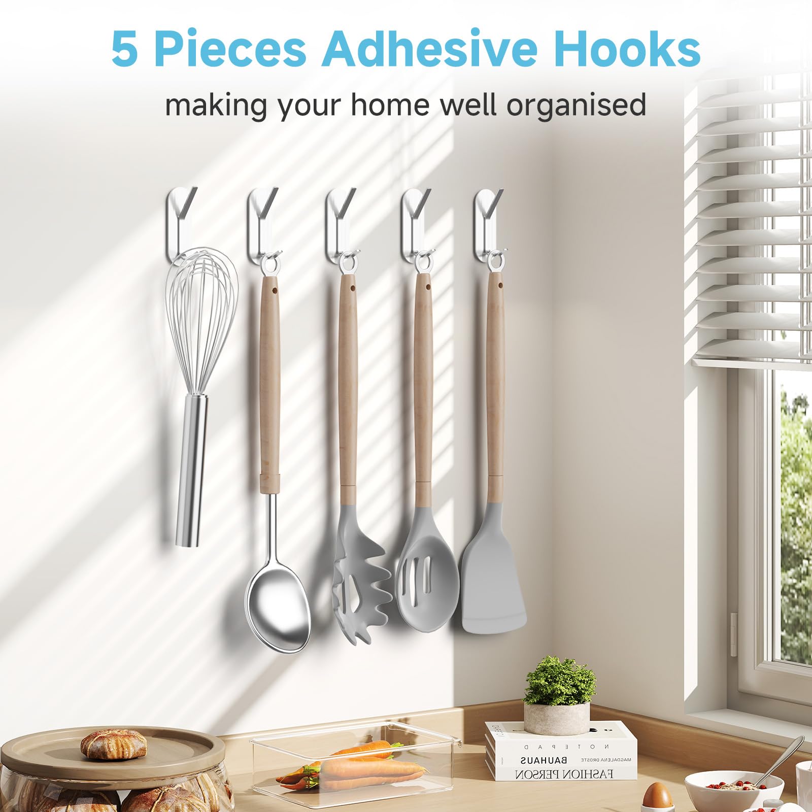 Alyvisun 5 Piezas Ganchos Adhesivos para Pared, Colgadores Adhesivos Resistentes de Acero Inoxidable, Ganchos de Pared sin Taladrar, Colgador Toalla para Baño Cocina Armario (Plata)