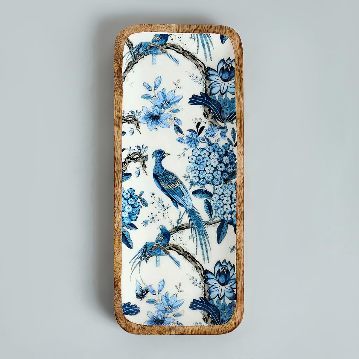 SAAGA Mango Wood Florida Printed Rectangular Platter - 12 Inch X 5 Inch - Tray for Kitchen & Dining, Ideal for Snacks, Fruits, & Desserts - Brown & White 4