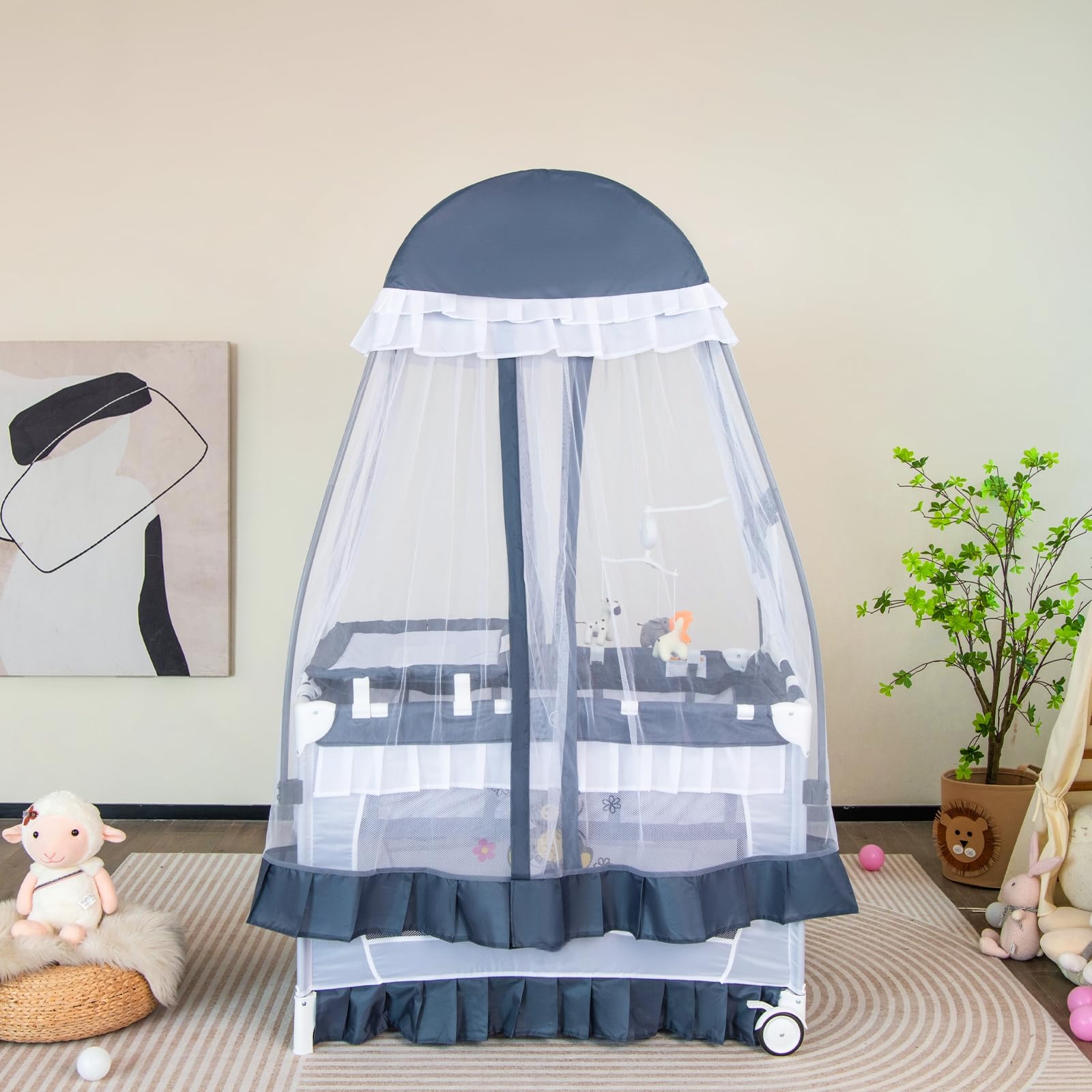 LIFEZEAL 4 en 1 Lit Bébé Evolutif avec Baldaquin, Lit Parapluie Bebe Pliable avec Matelas et Table à Langer, Lit Bebe 0-36 Mois avec Sac de Rangement (Gris)