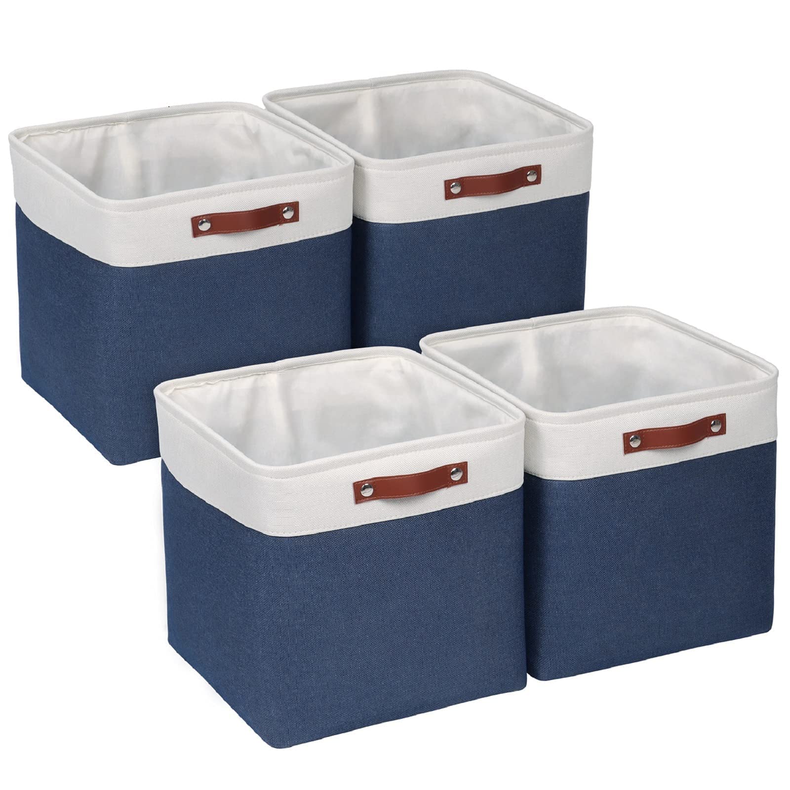 Univivi Fabric Cube Storage Bins 4 pack Storage Cube Baskets with Hard Bottom and PU Handles Storage Cubes Organizer for Shelf Closet Home（Blue, 13" x 13" x 13"）