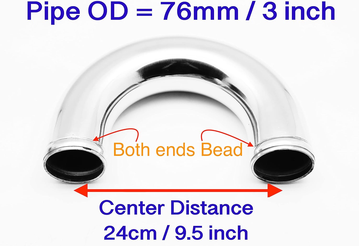 Autobahn88 Automotive Aluminum Alloy Pipe Elbow, 180-Degree, OD= 3" (76mm), L=12" (300mm), Glossy Polished, Beaded Ends, Mandrel Bend Elbow