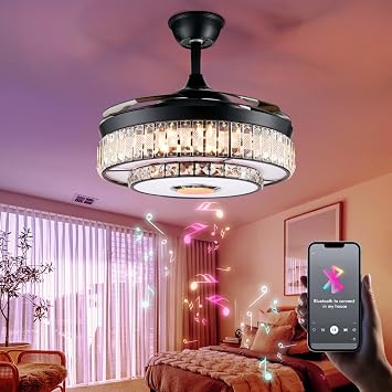 42Black Crystal Ceiling Fan with Light, Modern 3 Speeds Changes 7 Colors Dimmable Fandelier Bluetooth Speaker Music Ceiling Fans Modern 2 Layers Crystal Light Fixture for Bedroom,Living Room