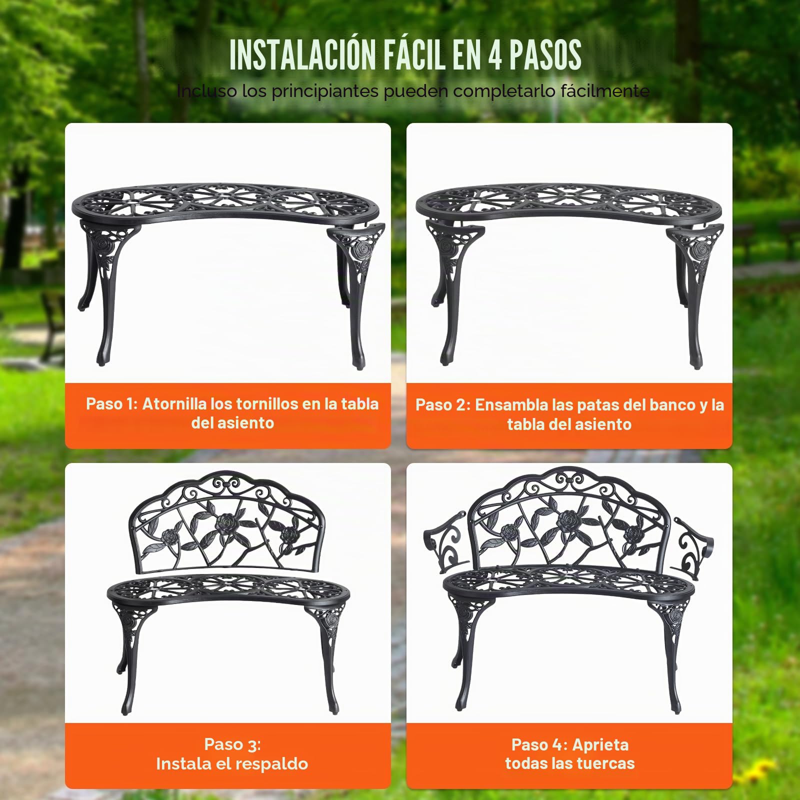 VEVOR, Banco de jardín de Metal de 38.8 Pulgadas para Exteriores, Negro, 38.8 Pulgadas