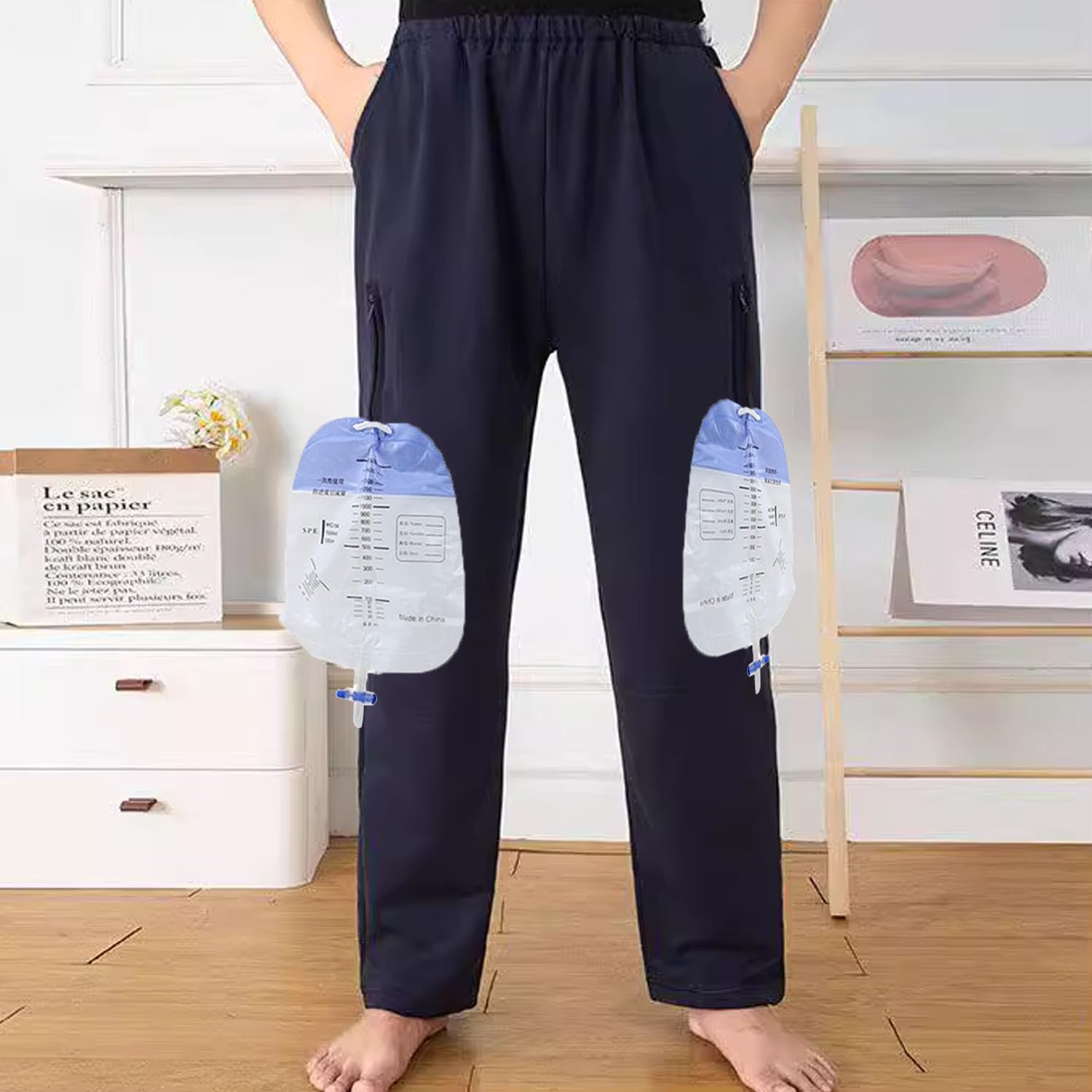 Pantalones de nefrostomía, pantalones de catéter, bolsillos dobles con cremallera, pantalones de bolsa de orina para foley, nefrostomía, ostomía