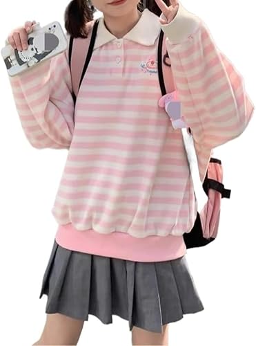 Pokn 2K Jojifuku Cutecore Kawaii Striped Sweatshirt Oversize Long Sleeve Pullover Tops Graphic Shoujo Clothes - X-Large - Pink