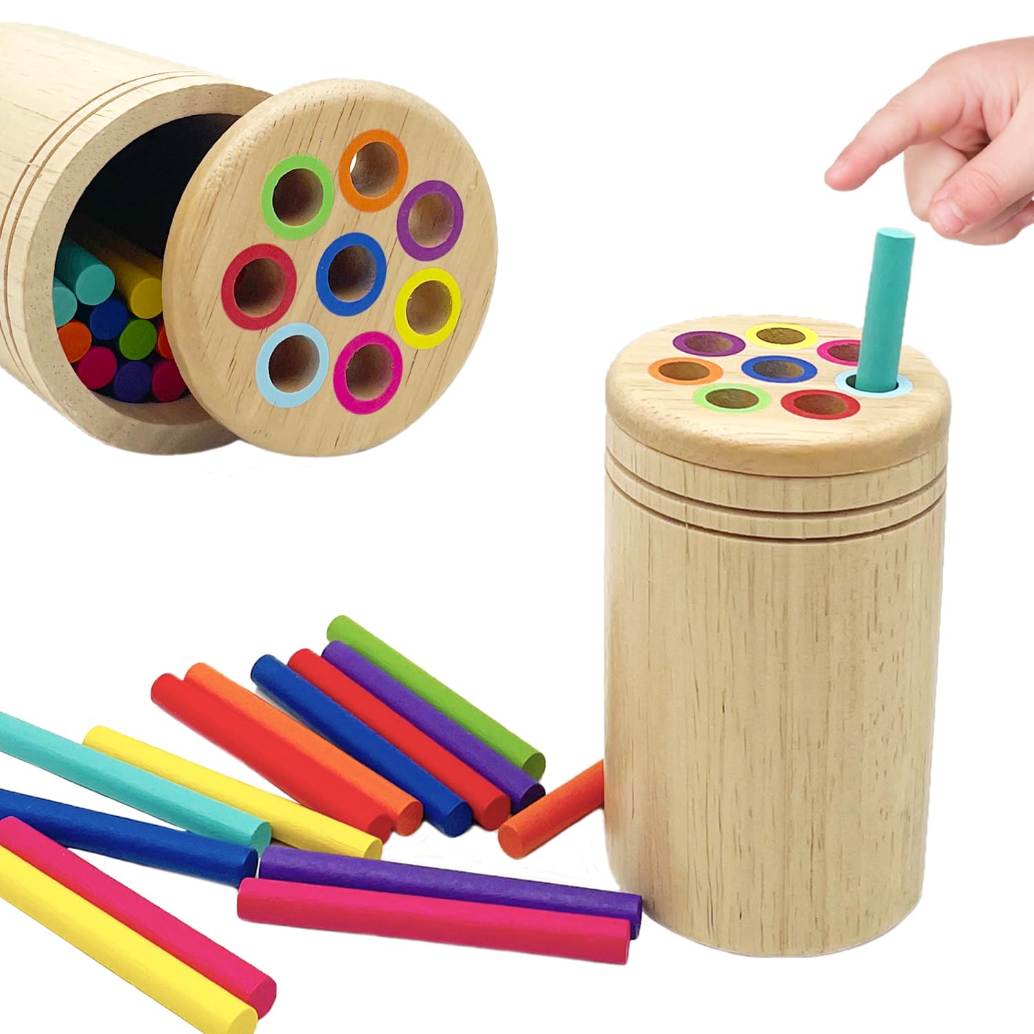 RGEHTE Wooden Montessori Sticks Toys for Kids, 8 Colors Natural Wood Toddler Learning Sorting Toys for 3 Year Old, Sensory Matching Game Birthday