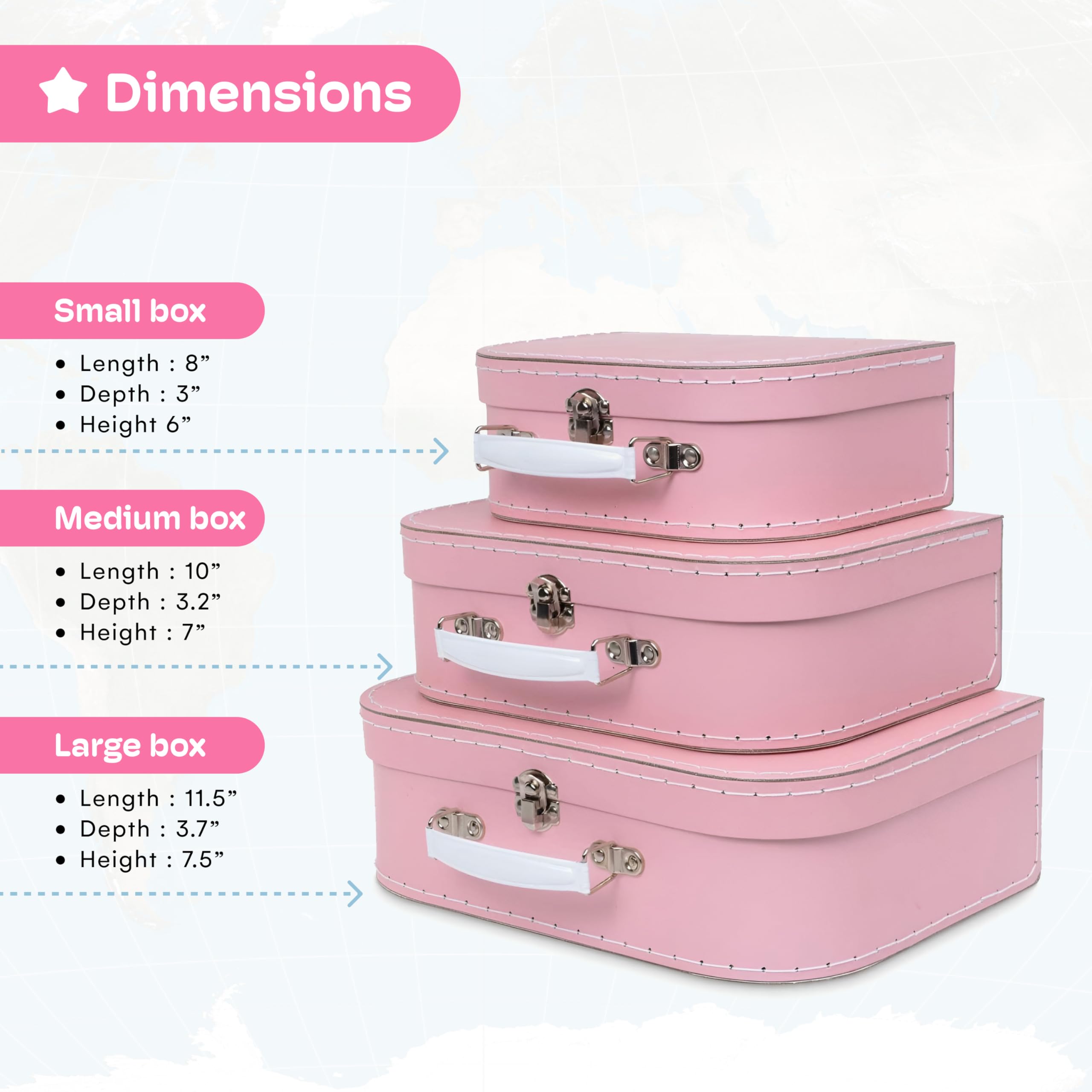Jewelkeeper - Valigie in Cartoncino, Set da 3 – Scatole Regalo Portaoggetti Impilabili per Compleanno Matrimonio Natale Nursery Ufficio Decorazione Vetrine Giocattoli Foto - Disegno Rosa Chiaro Baby