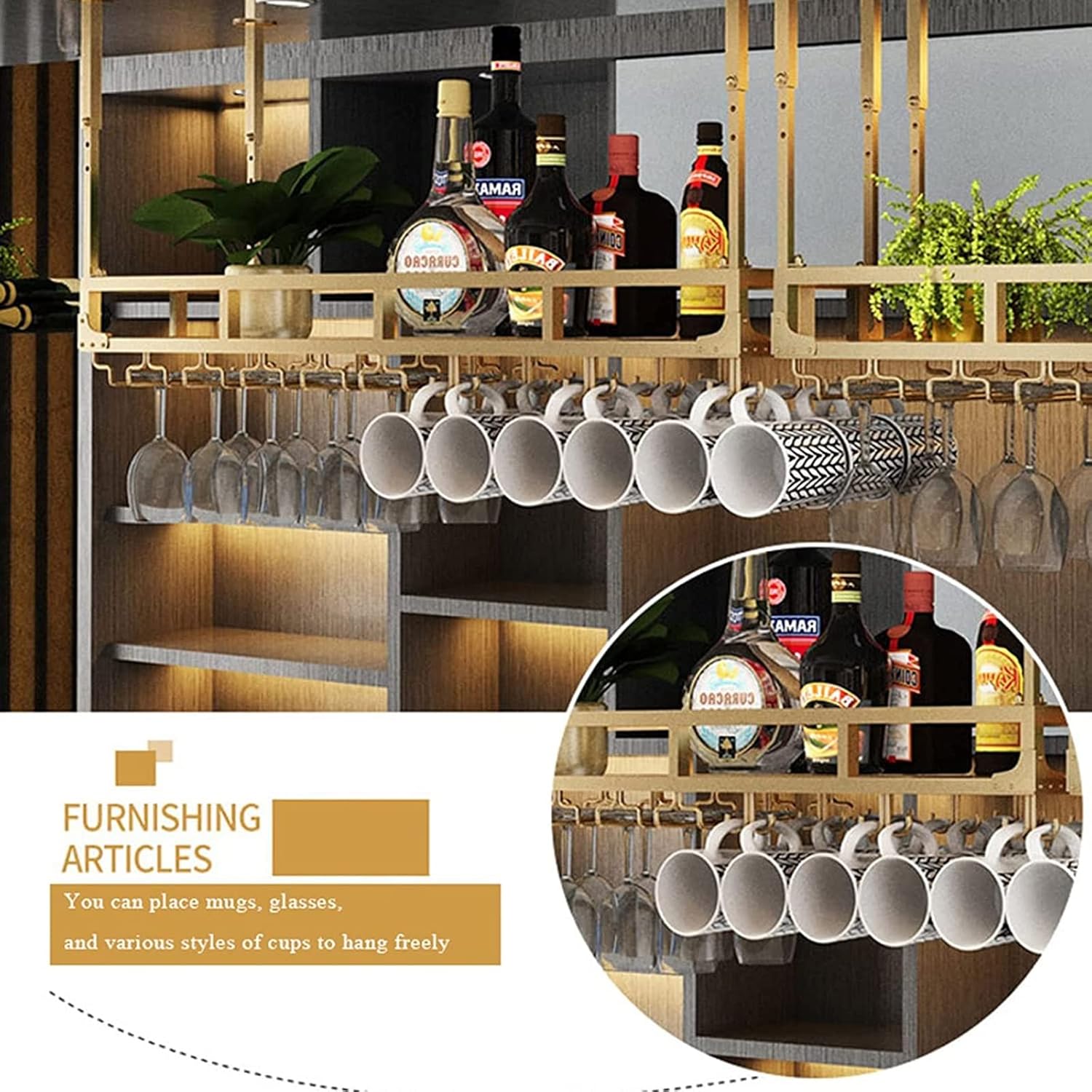 Ceiling Wine Glass Rack Metal Ceiling Gold Wine Rack,Height Adjustable,Stemware Holder,Wine Bottle Holder,Wine Shelf Display Rack Storage Rack,for Bars Restaurants Kitchens