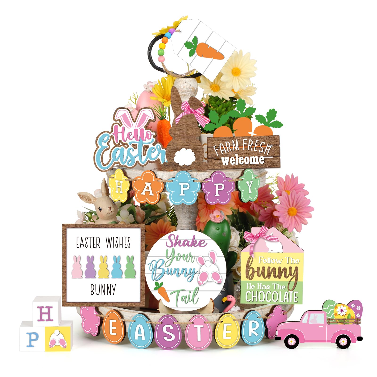 Plateau de Pâques figurine lapin et décors en bois pour table de fête