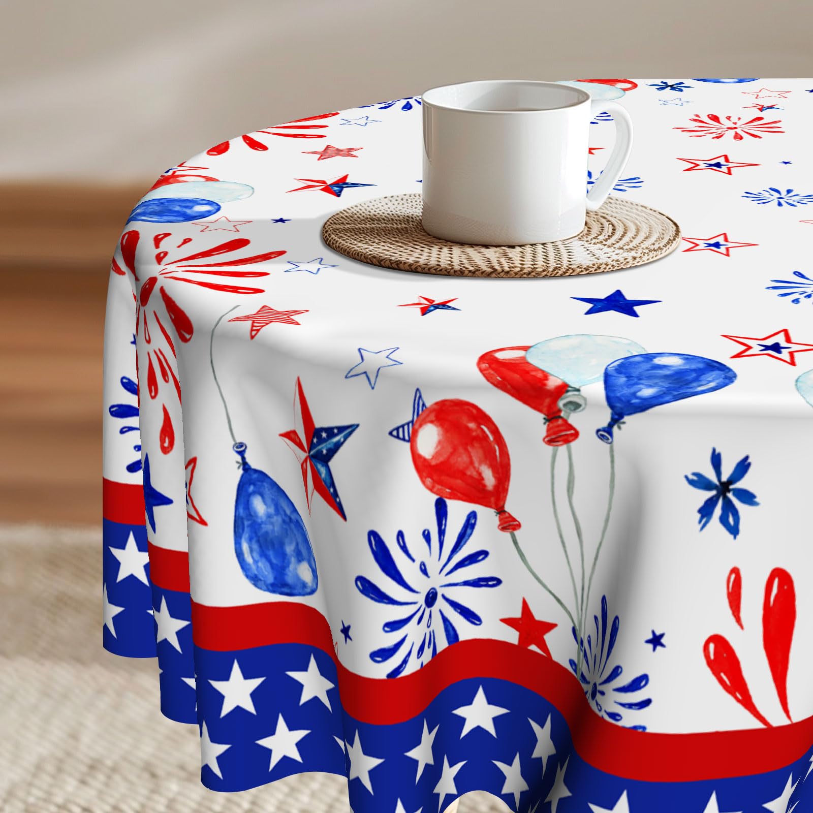 Imiss Patriotic Round Tablecloth 60 Inch American Stars Fireworks Memorial Day Circular Table Cover 4th of July Independence Day Washable Table Cloth