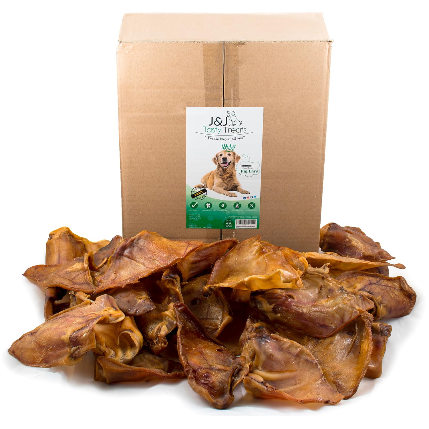 J&J Tasty Treats Orecchie di Maiale per Cani di Alta Qualità Snack per Cani (32 Pezzi)