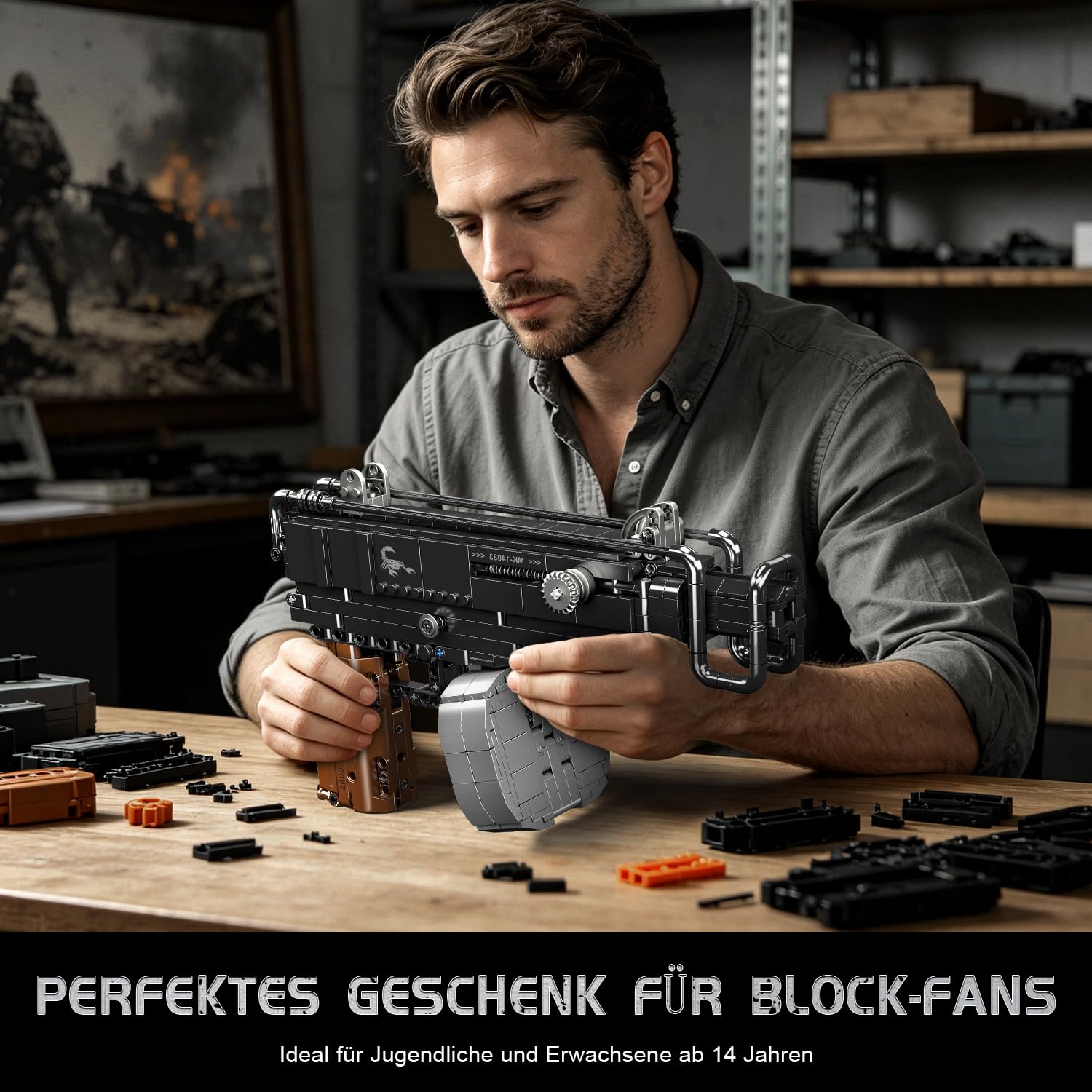 Mould King 14033 Sturmgewehr Waffen Bausteine Spielzeug - 1062 Teile Klemmbausteine Schießwaffe Modell mit Bewegliche Mechanik, Technik Waffen-Gewehr Bausatz Set für Erwachsene und Jugendliche