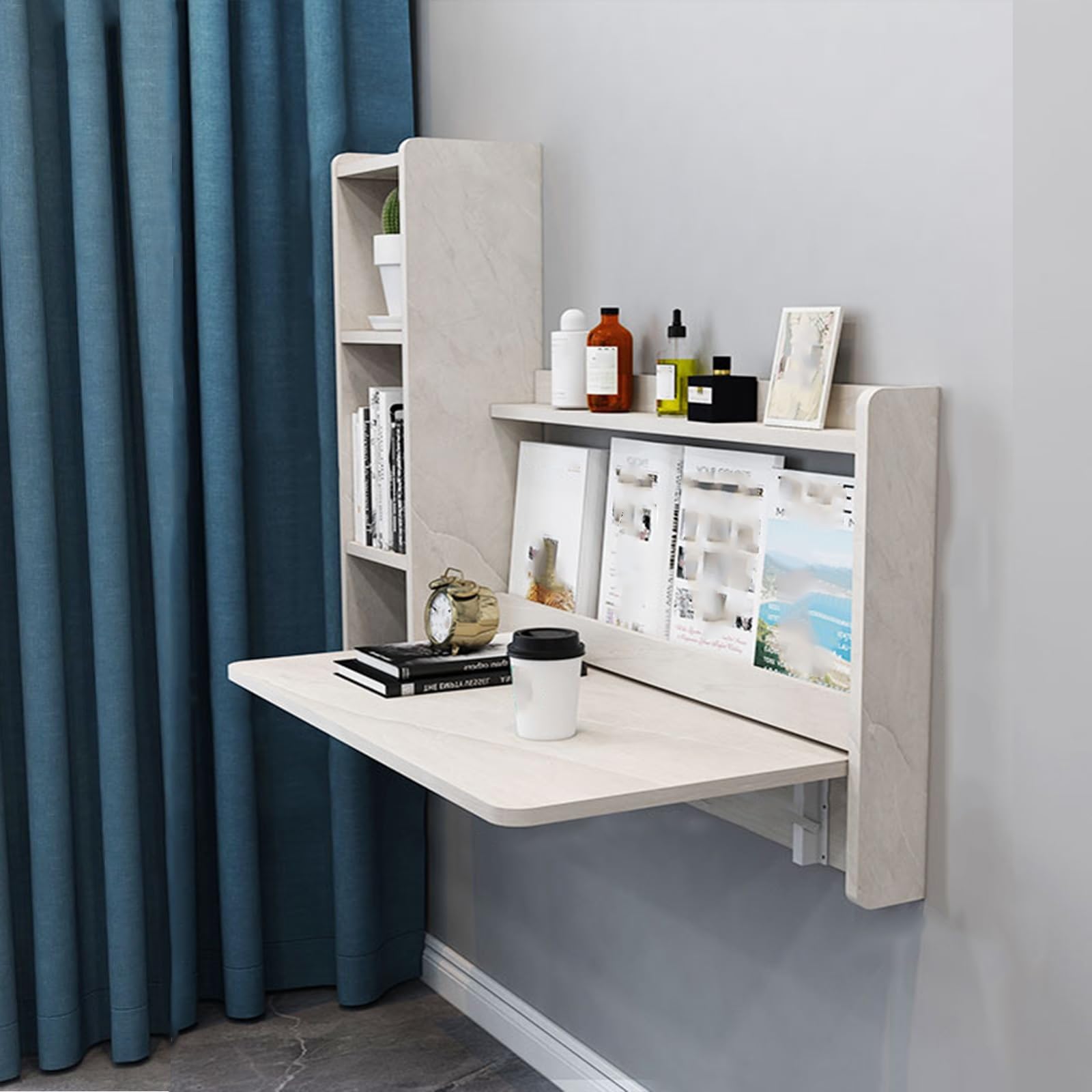 Table pliante murale grise avec rangement integré pour petit espace