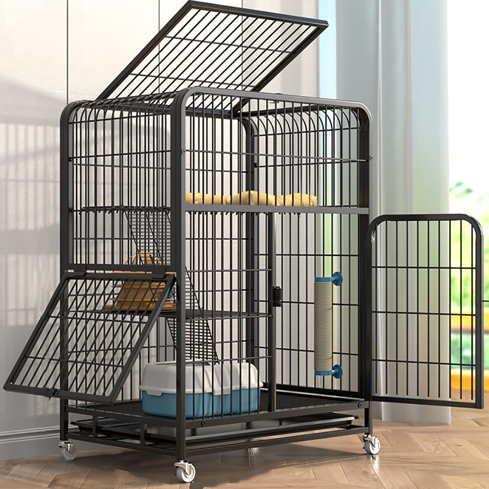 Cage chat intérieur mobile anti-fugue en métal avec échelles et plateformes