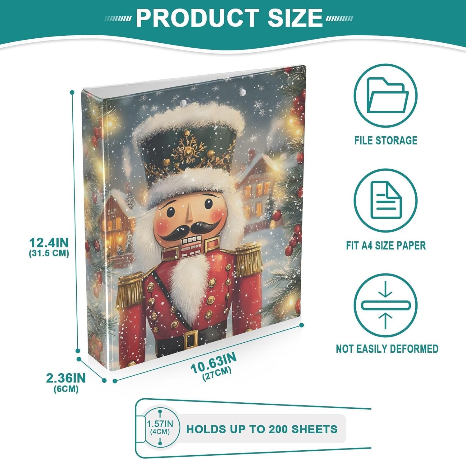 3 Ring Binder Nutcracker Christmas 1.5 inch Binders Three Ring Binders with Clipboard Fit 8.5'' x 11'' Paper 3 Interior PVC Clear Pockets for Office Supplies - Image 7