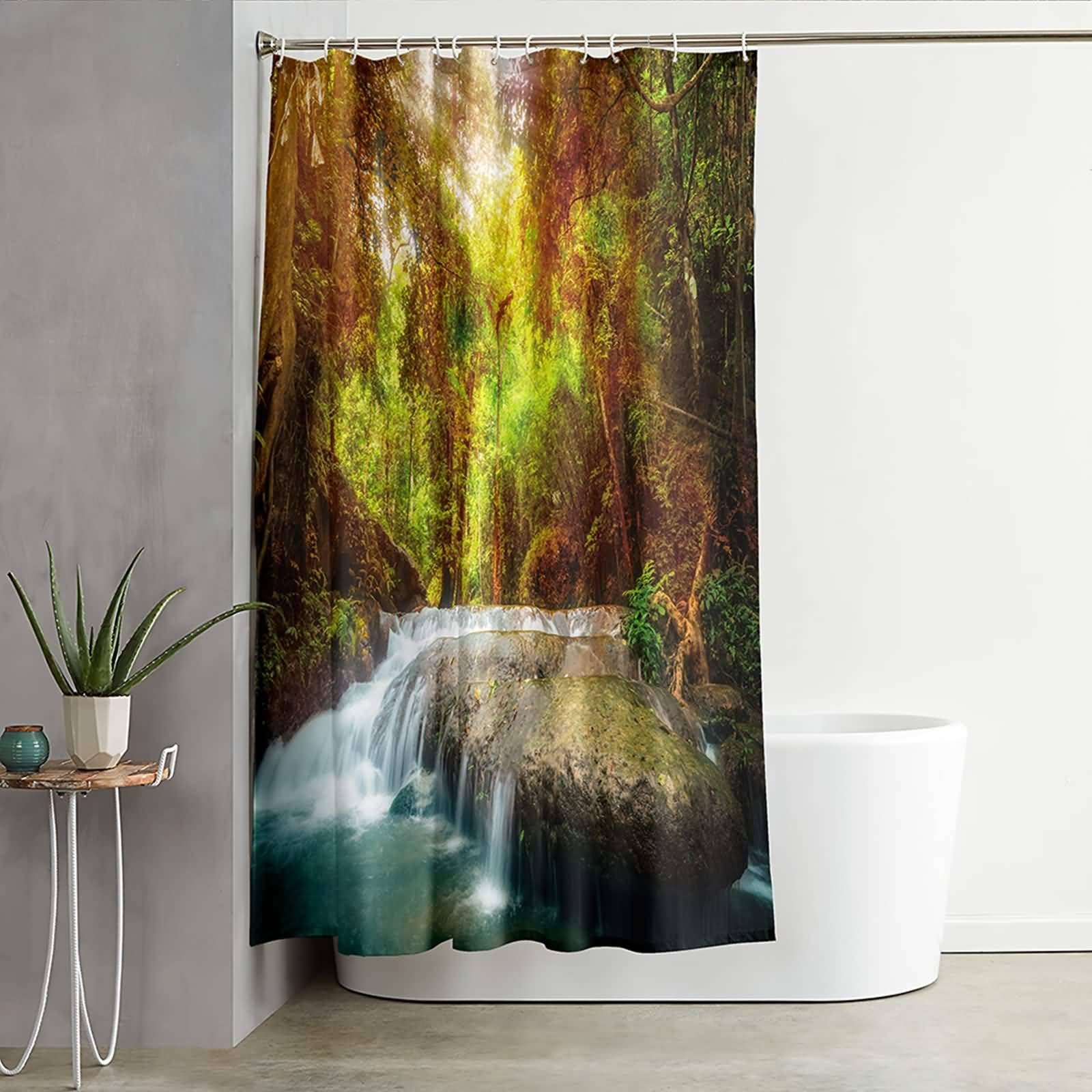 Zasłona prysznicowa do łazienki, poliester zielony biały krajobraz wodospadu dżungli zasłony łazienkowe z plastikowymi haczykami, 165 x 180 cm