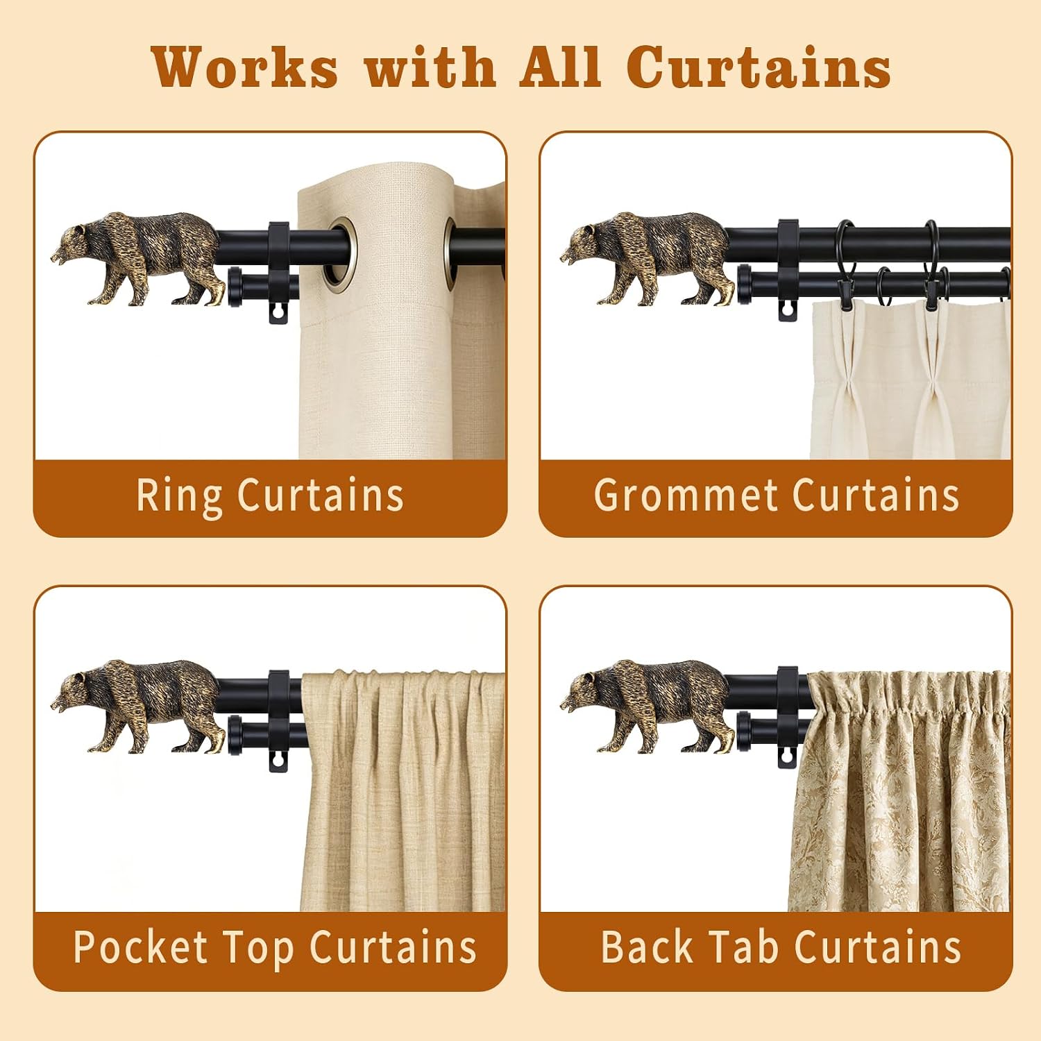 Double Curtain Rods 48-84 Inch, Gold Curtain Rod with Bear Finials