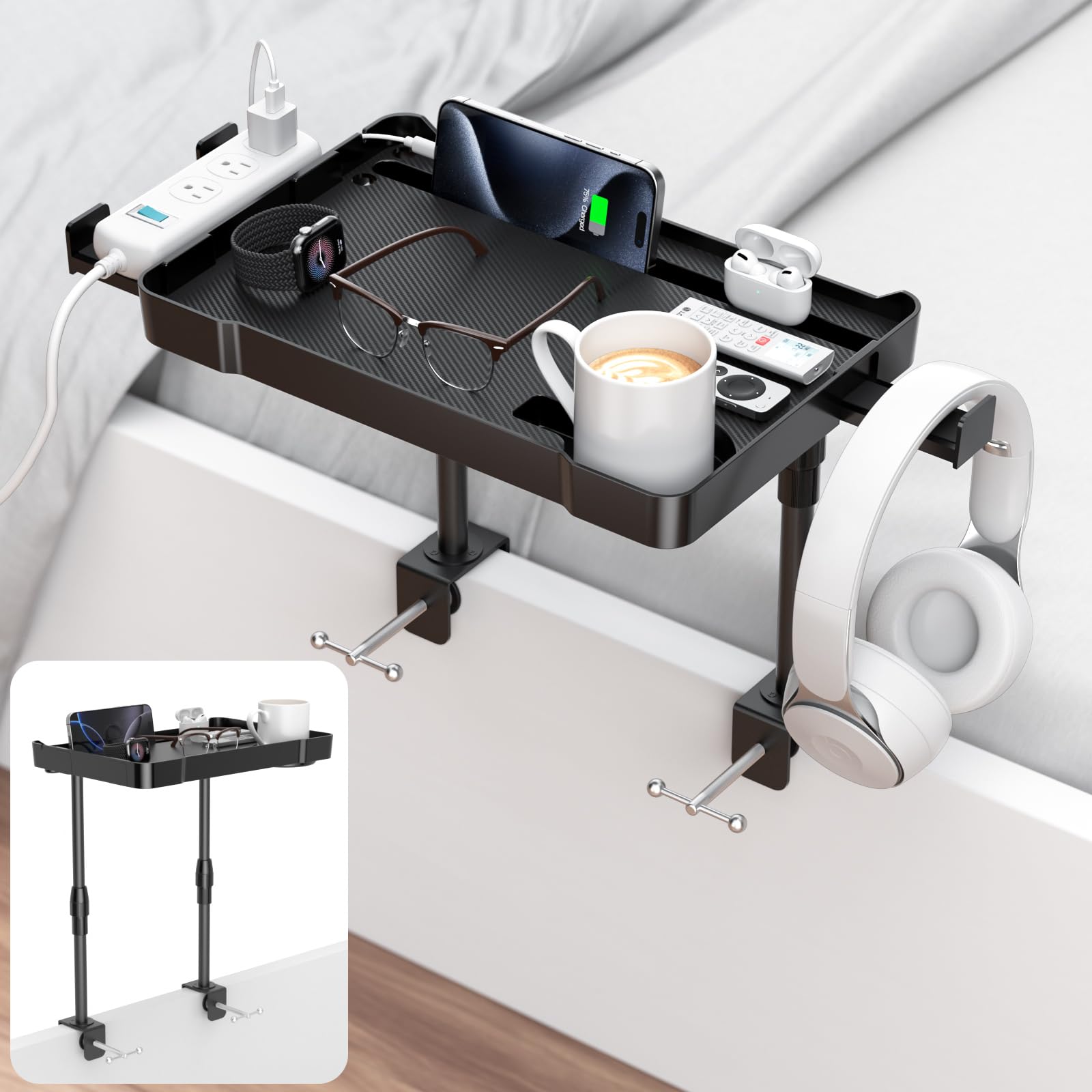 Bedside Shelf Bunk Bed Shelf Bedside Organizer Adjustable Height Top Bunk Bed Accessories Nightstand Tray with Cup Holder Clip On Bedside Table Tray