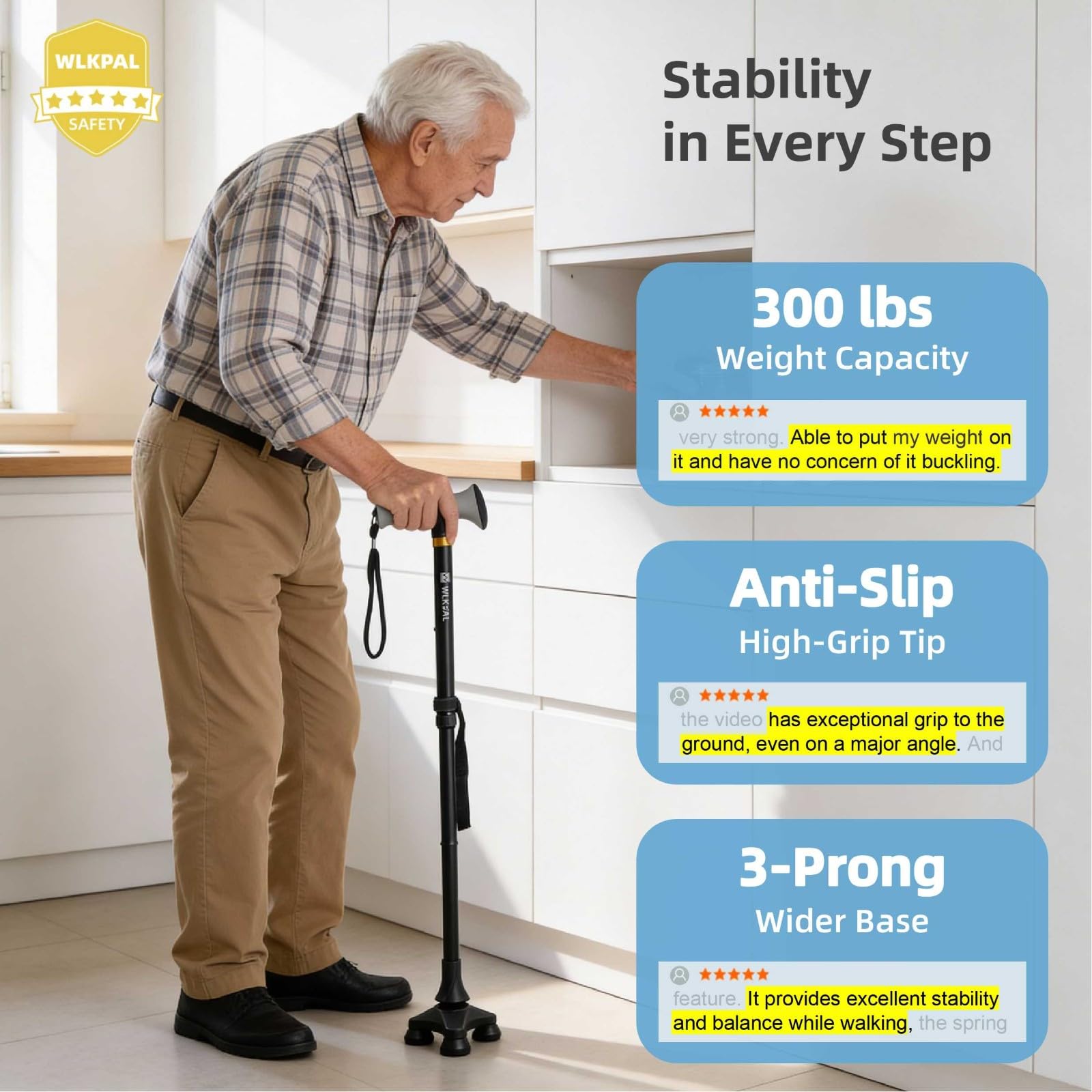 Składana laska do chodzenia z serii Heavy-Duty – ulepszony model 2026 z samodzielną podstawą statywu – cichsza i trwalsza, nośność 136 kg, ergonomiczny uchwyt z miękkim uchwytem, regulowana
