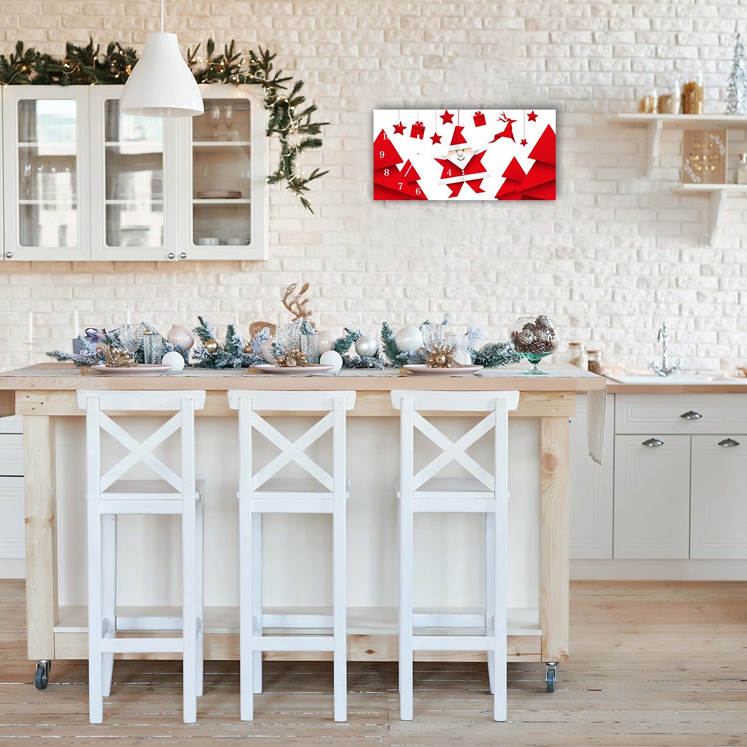 Tulup Zegar Świąteczny Na Ścianę Święta Poziomy Prostokatny 60x30cm Białe Wskazówki Prezent Ze Szkła Boże Narodzenie Ścienny Dekoracja Świąteczna Szklany Zegar - Świety Mikołaj