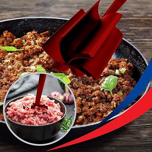 Mince Meat Masher Non-Stick Handheld Masher Multifunctional Heat Resistant Mix Hamburger Chopper Cookware for Home Kitchen Hamburger Meat, Beef, Vegetable, Fruit (Red) - Image 7