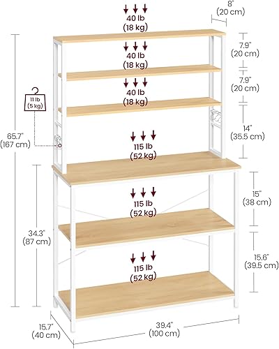 Miniatura 107 de VASAGLE Barra de café, estante para panadería de 31.5 pulgadas para cocina con almacenamiento, estantes de cocina de 6 niveles con 6 ganchos, café