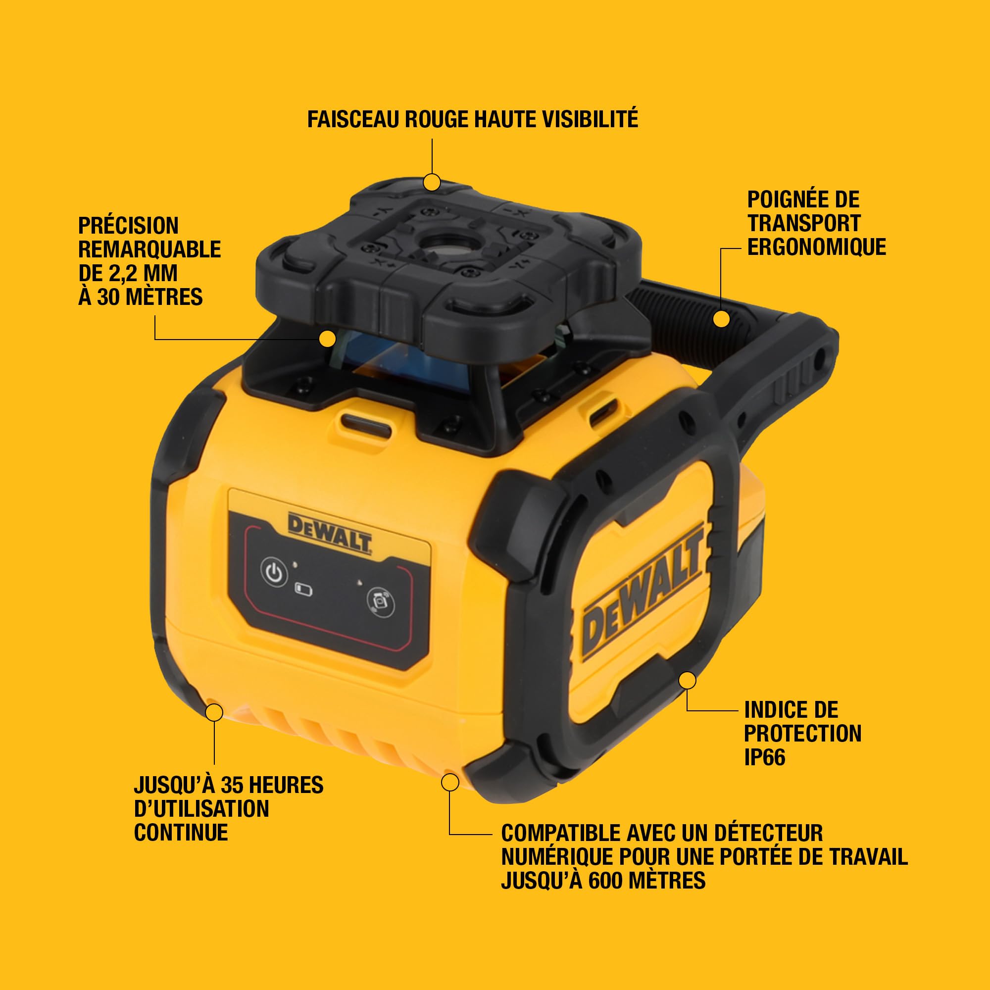 DEWALT Laser alcalin rotatif rouge, portée de 600m avec détecteur, autonomie de 35 heures des piles alcalines, DCLE05211R-XJ