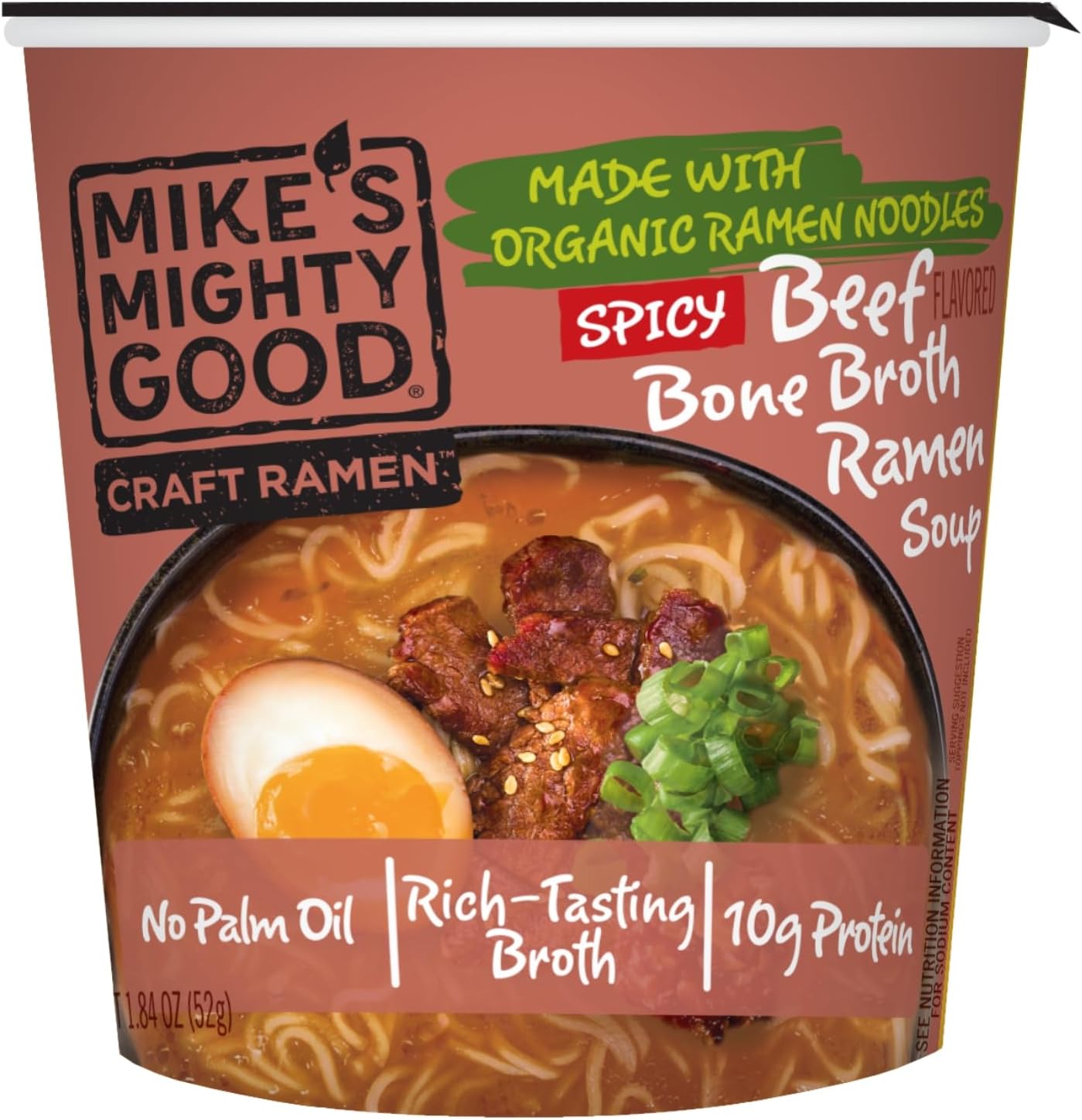 Mike’s Mighty Good Spicy Beef Bone Broth Ramen Cup (Pack of 6) – 10g Protein Instant Ramen Noodles – Organic Steamed, Non-GMO, Palm Oil-Free – Rich Tasting, No Artificial Flavors