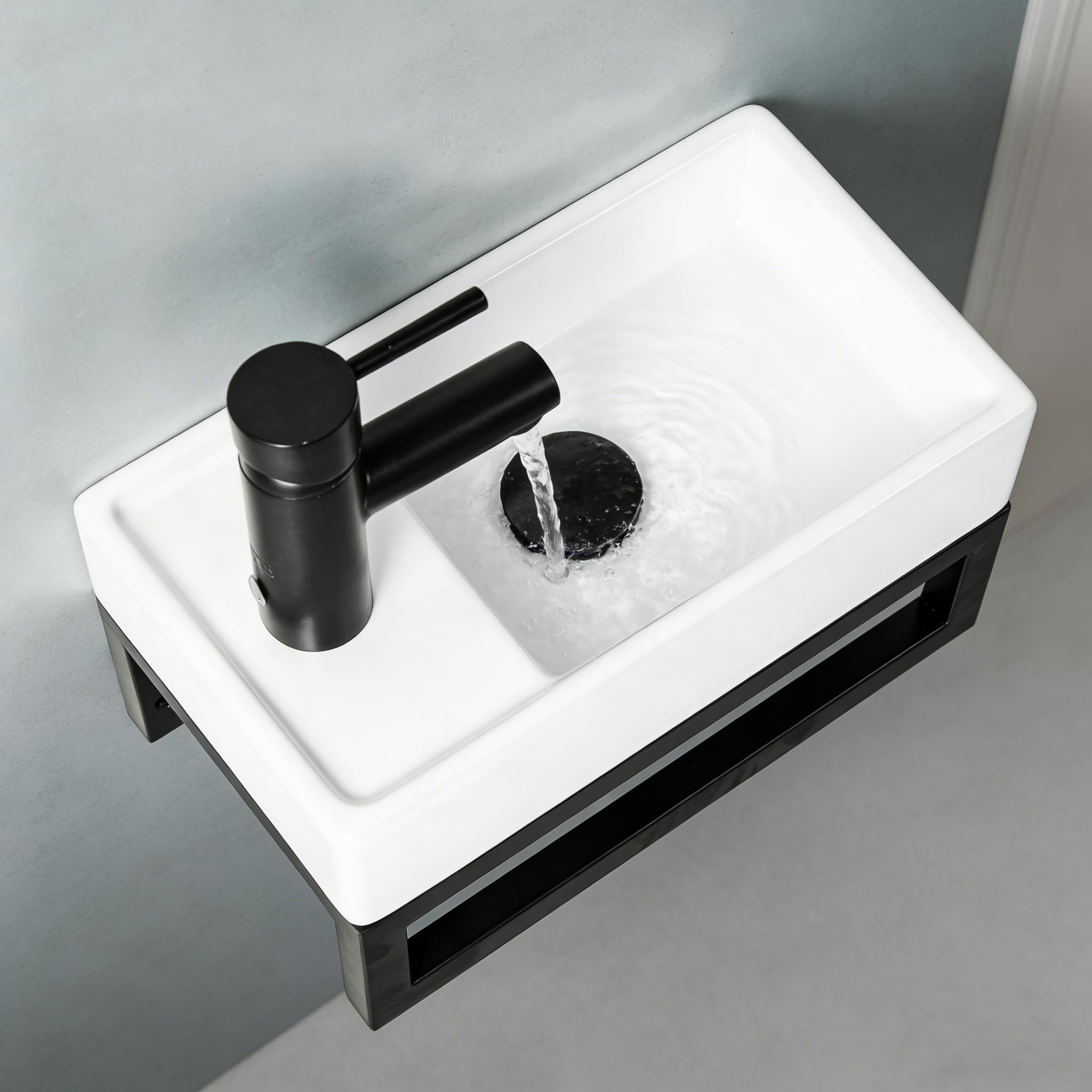 NUESTRA VIDA Lavabo de Cerámica para Baño de Invitados 40x22 cm - Compacto con Rebosadero y Estructura Metálica Negra Mate - Ideal para Espacios Pequeños