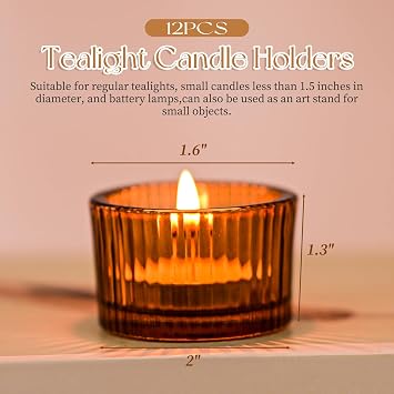 12PCS Tea Light Candle Holders Amber Tealight Holders, Ribbed Small Tea Light Holders Glass Candle Holder for Wedding Party Bridal Shower Table Centerpiece Home Decor