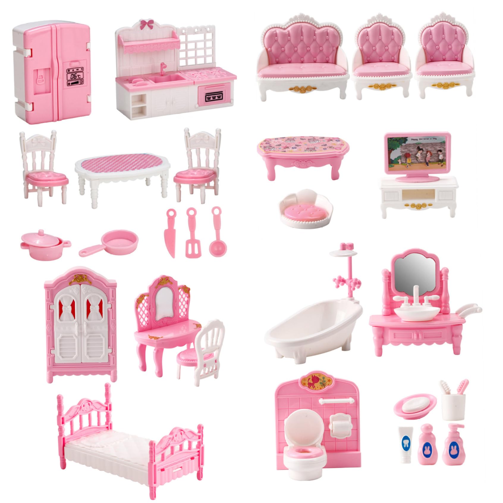 Pesoncarl 4 Sets Dollhouse Furniture Set, Realistic Plastic Dollhouse Miniatures Includes Kitchen, Bedroom, Bathroom and Living Room DIY Kit, Doll House Accessories and Furniture for Kids