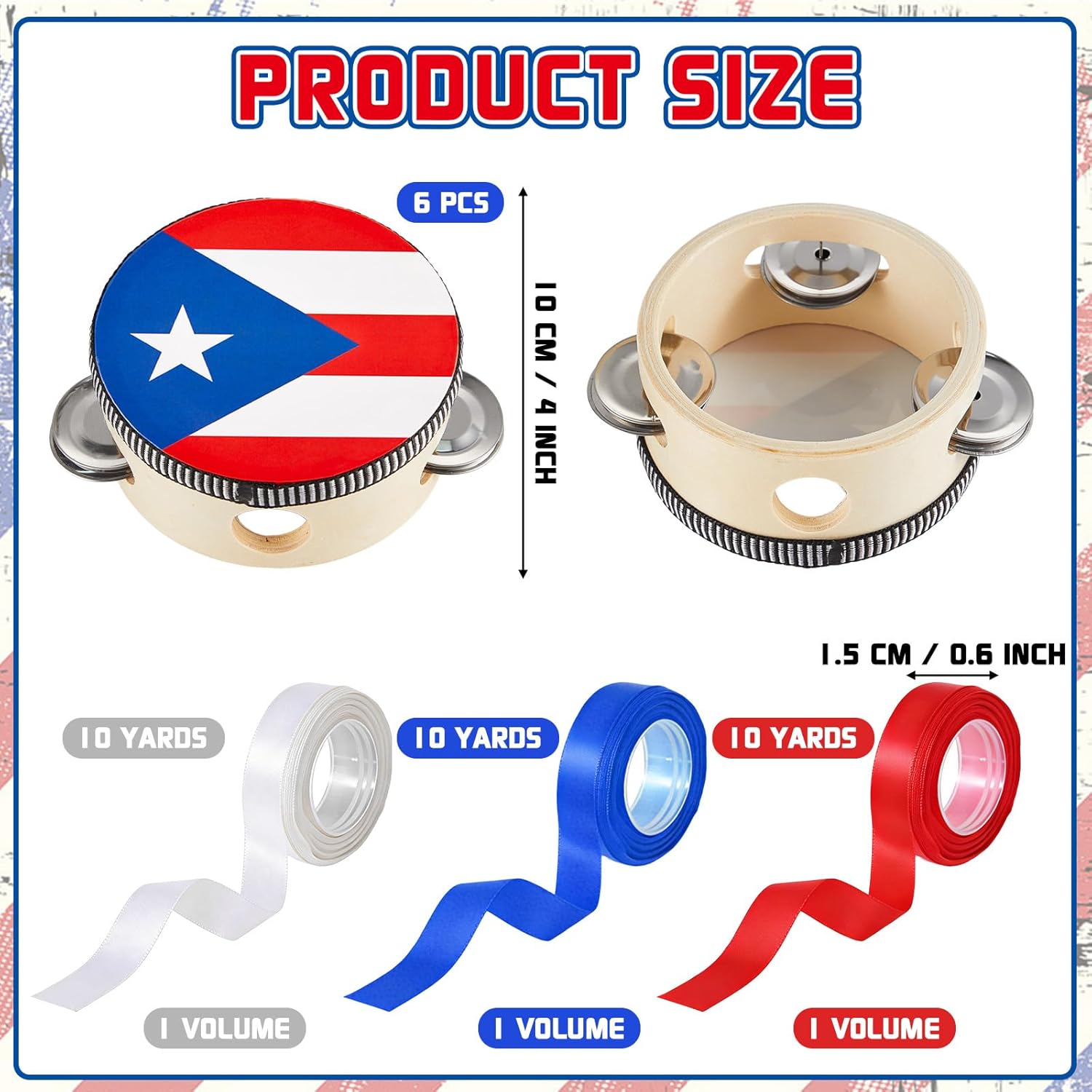 6 Pcs 4 Inch Puerto Rico Tambourines Drum Kit Puerto Rican Flag Handheld Percussion with Metal Jingles Birthday Party Decor Parade Souvenirs Guiro Instrument Musical Educational Tambourines Wedding